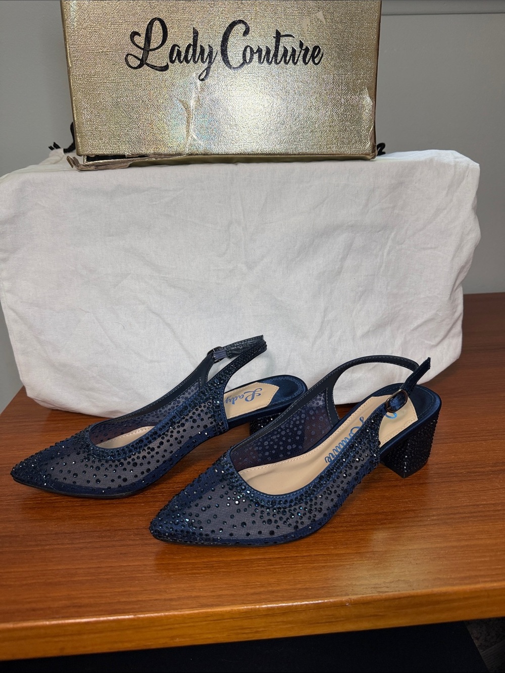 Lady Couture Navy Crystal Slingback Block Heels with Pointed Toe